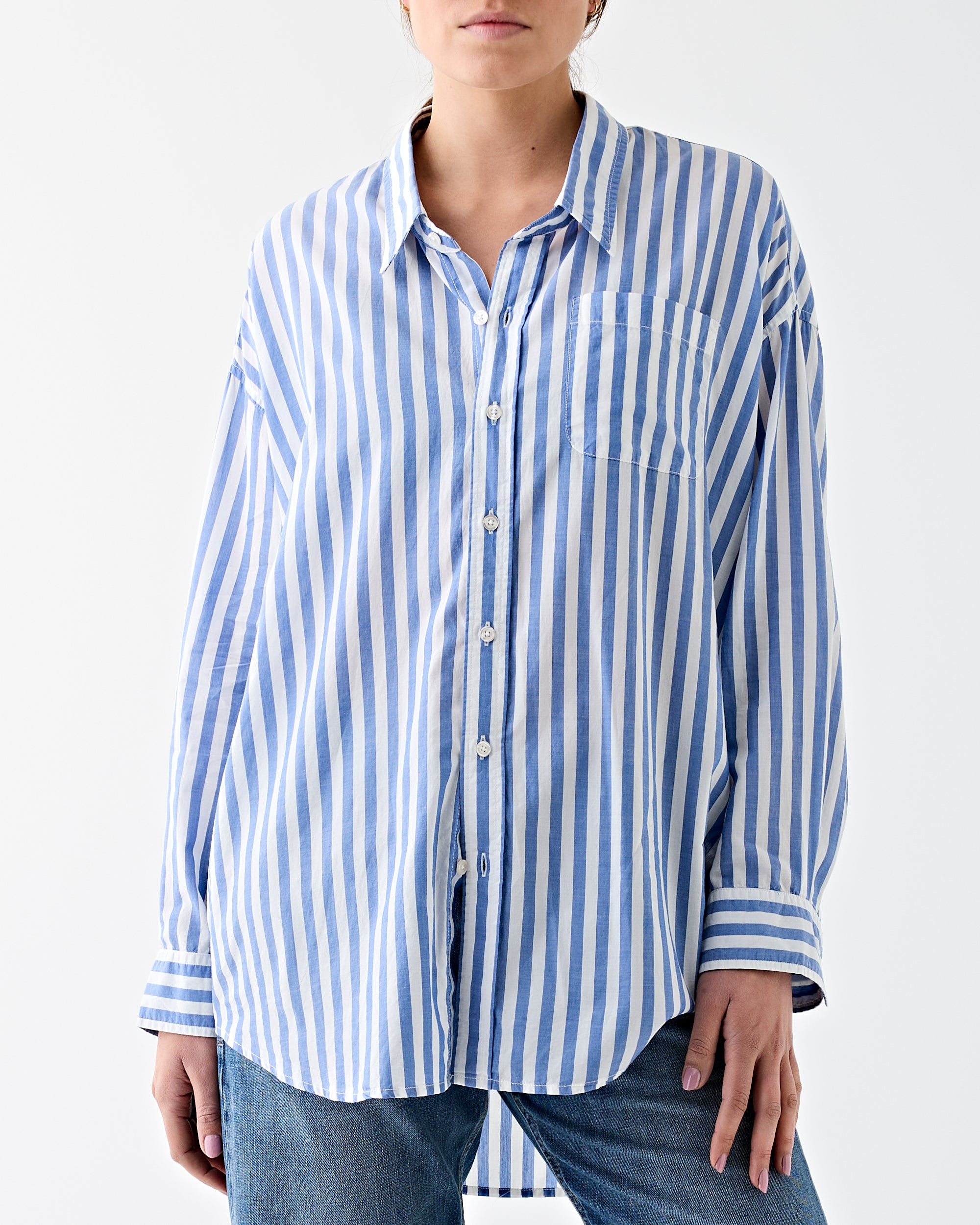 Denimist Button Front Shirt Wide Blue Stripe Shirt L/S Women