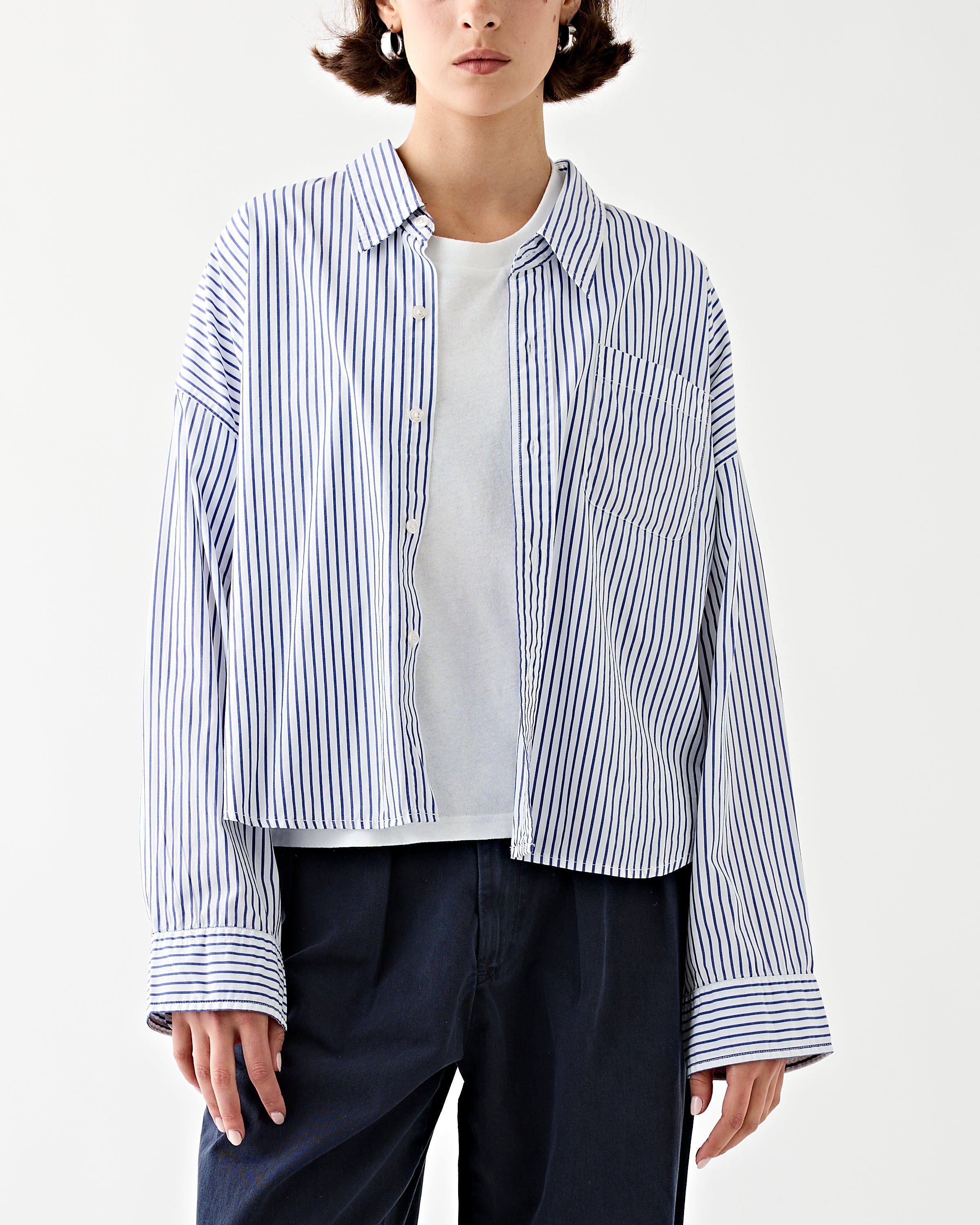 Denimist Cropped Button Front Shirt Blue Stripe Shirt L/S Women