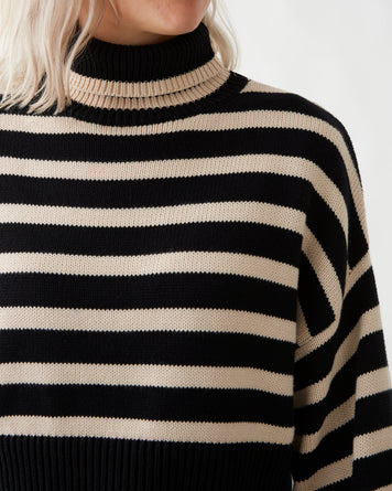 Cropped Sailor Stripe Turtleneck Sweater Black/Tan