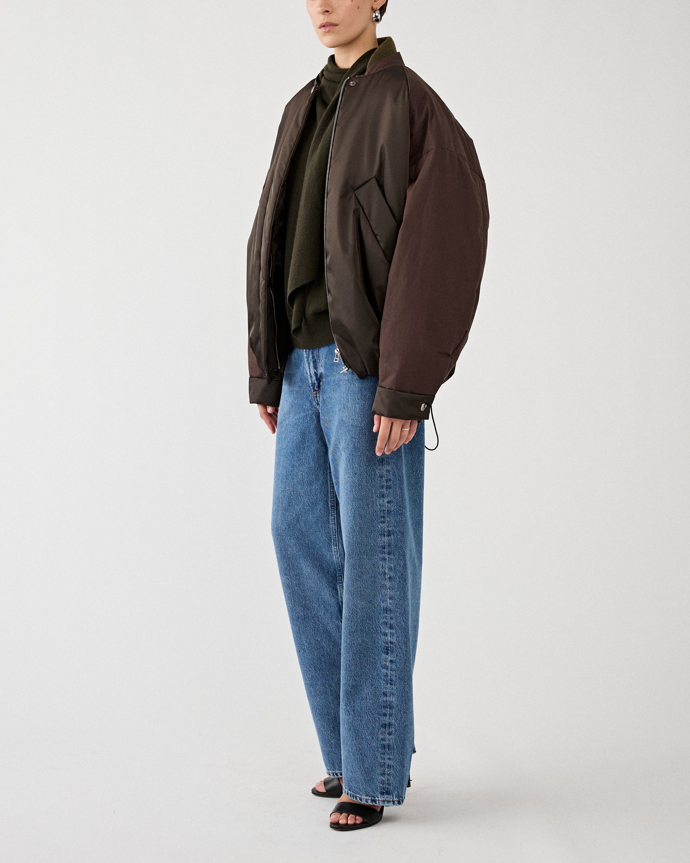 Kassl Editions Oversized Bomber Nylon Wax Dark Brown JKT Short Women
