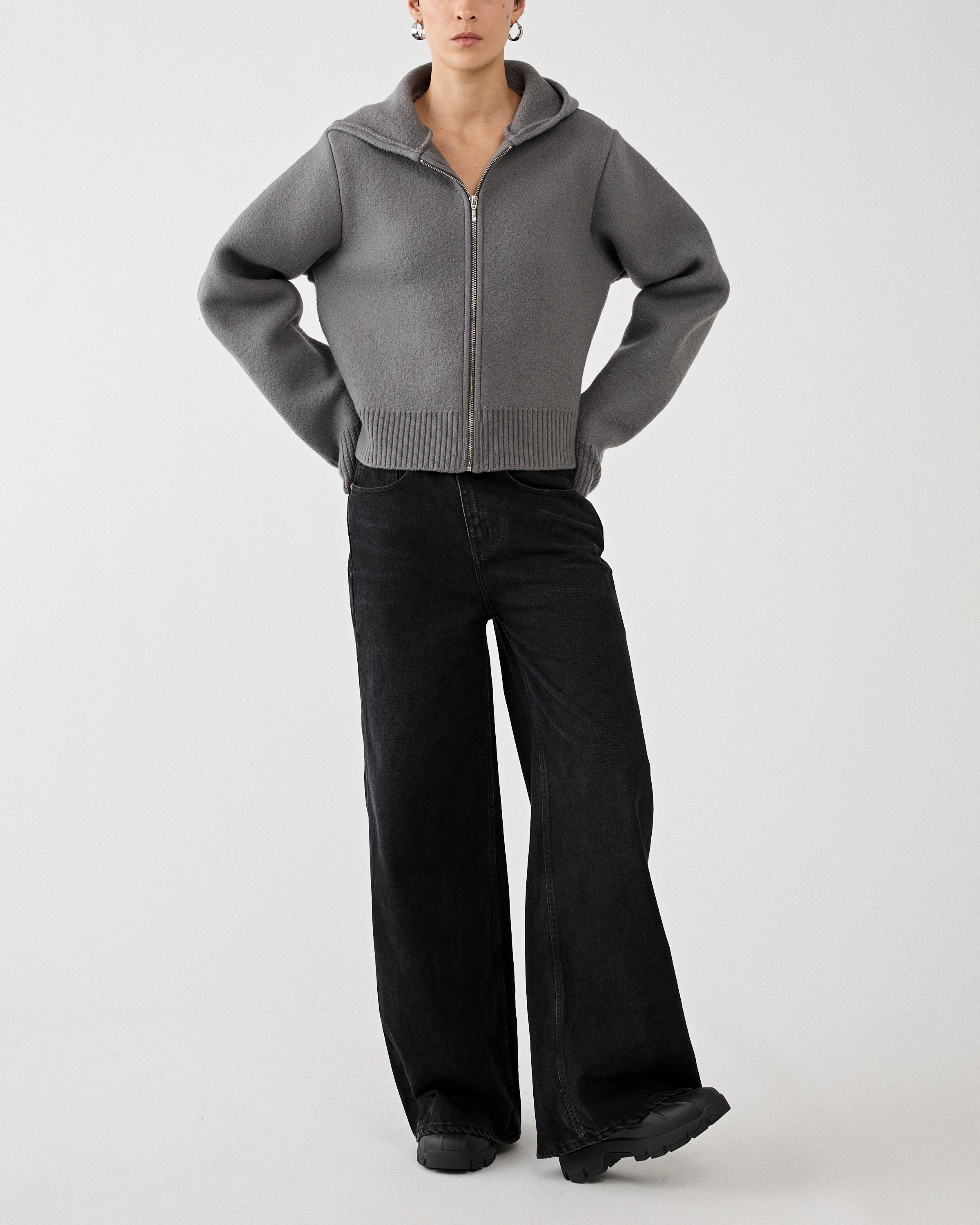 Kassl Editions Cardigan Cropped Boiled Wool Grey Knitwear Women