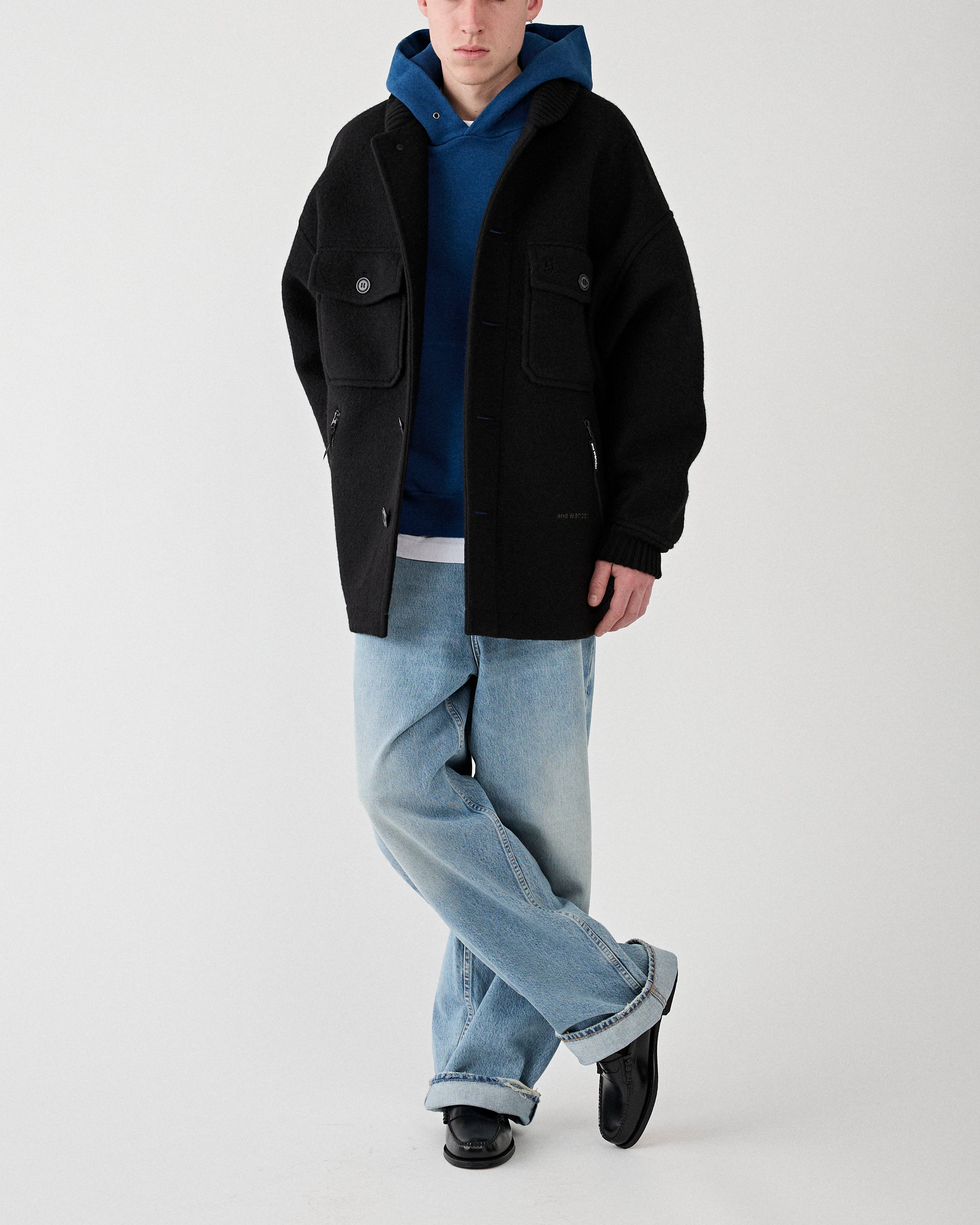 and wander Wool Shaggy Jacket Long Black JKT Long Men