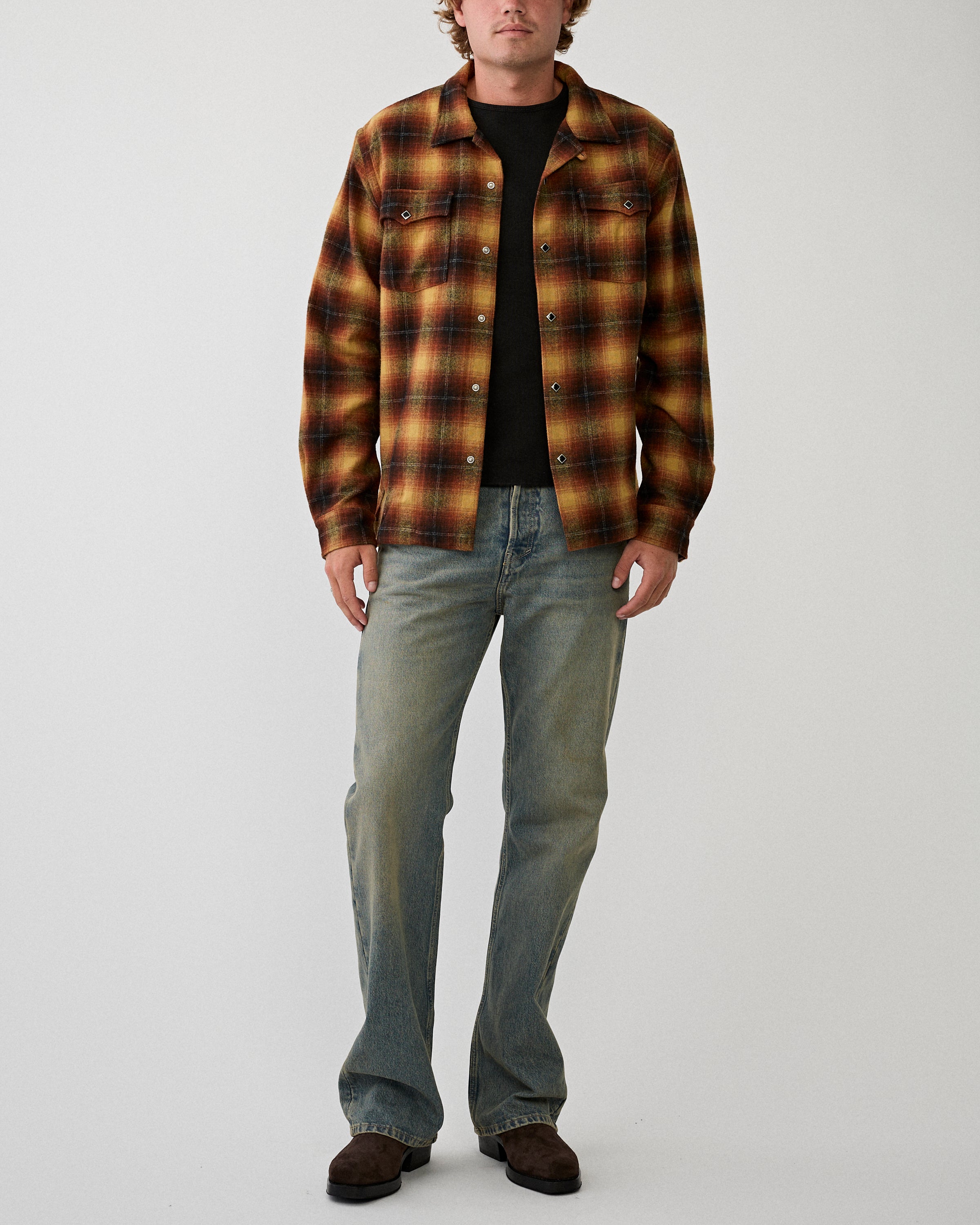 RRL Jesse Camp Long Sleeve Sport Shirt Orange/Yellow Shirt L/S Men