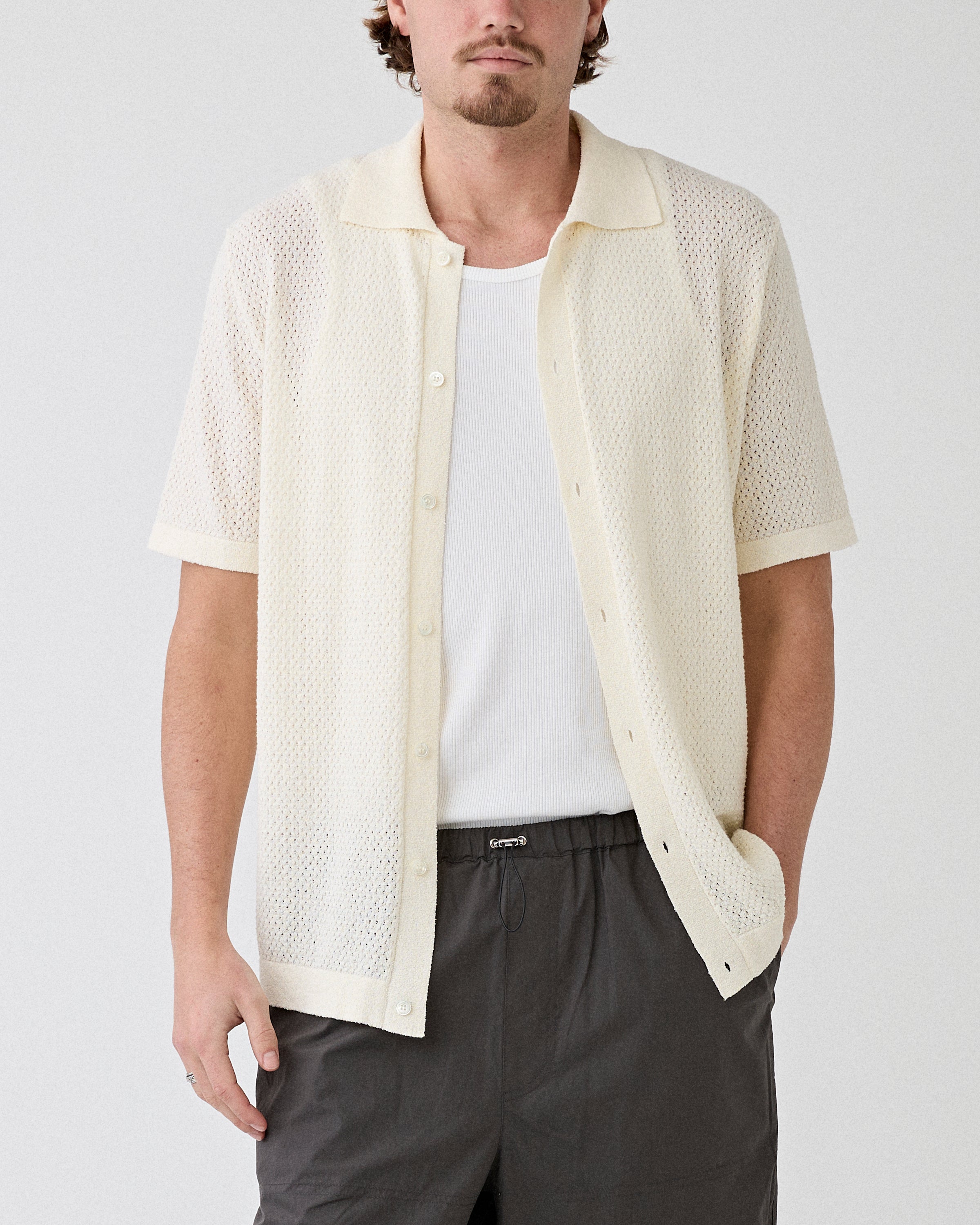 Roberto Collina Camicia MC Puntino Ecru Shirt S/S Men