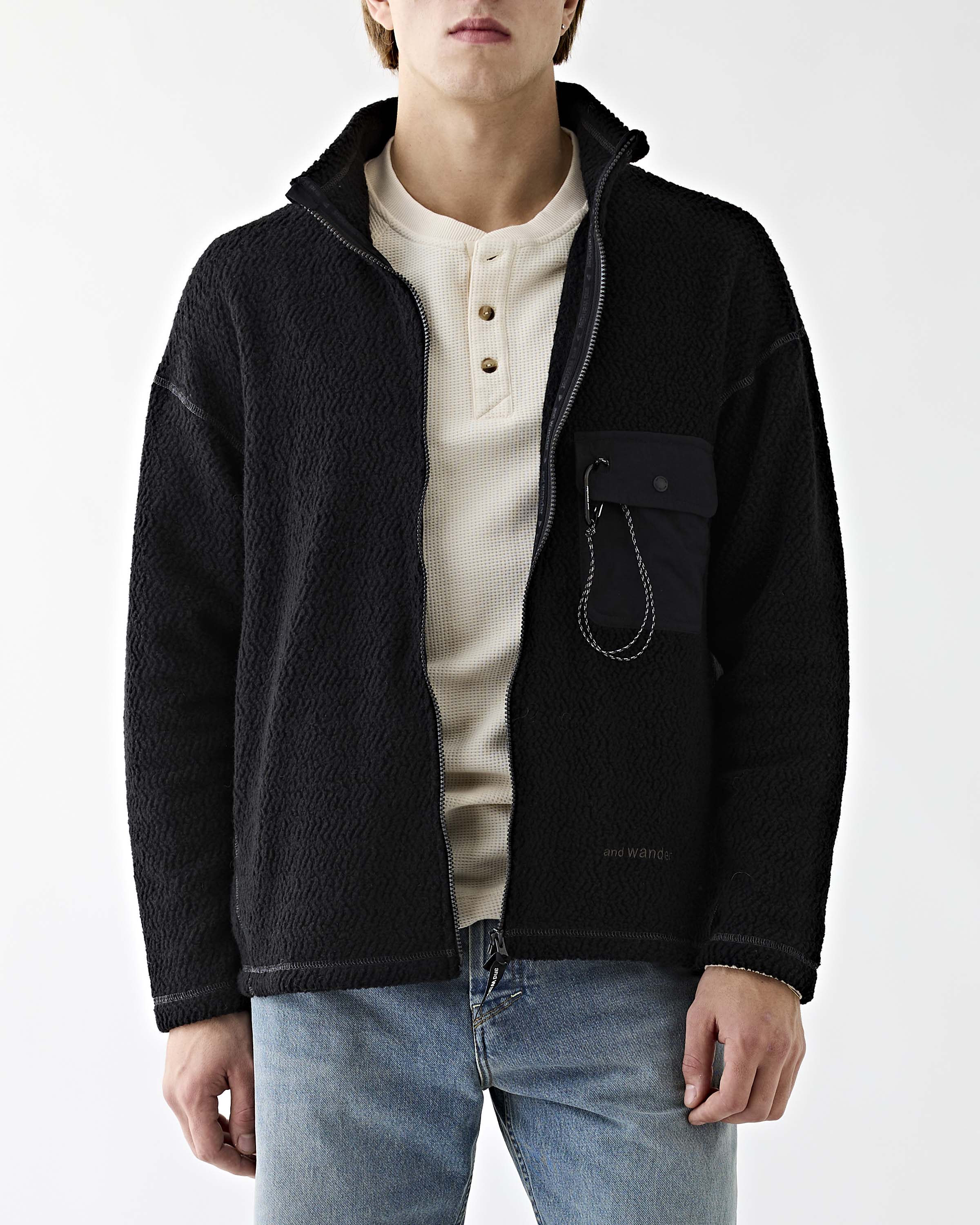 and wander Re Wool JQ Stand Zip JKT Short Men