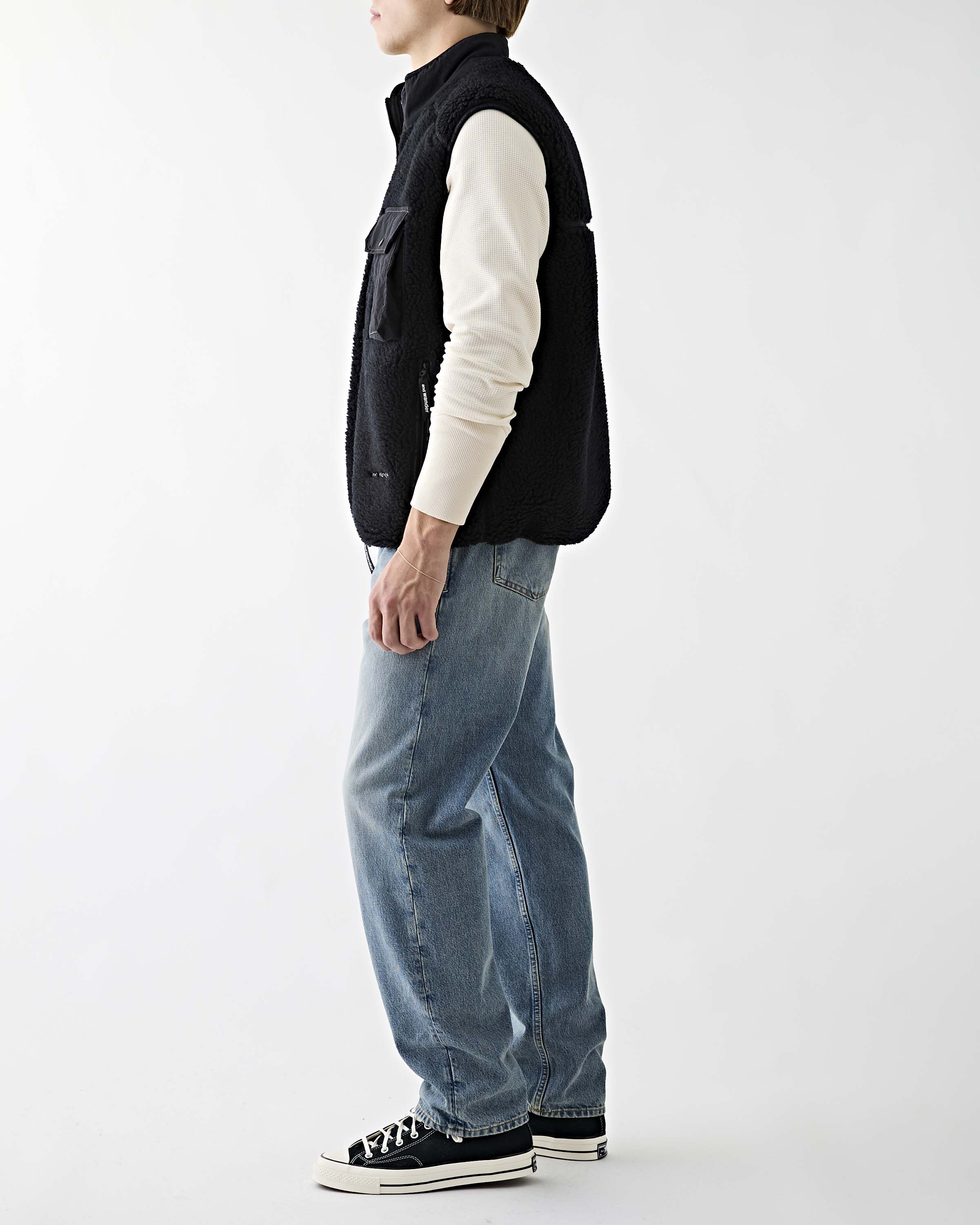 and wander Wool Boa Vest Black JKT Short Men