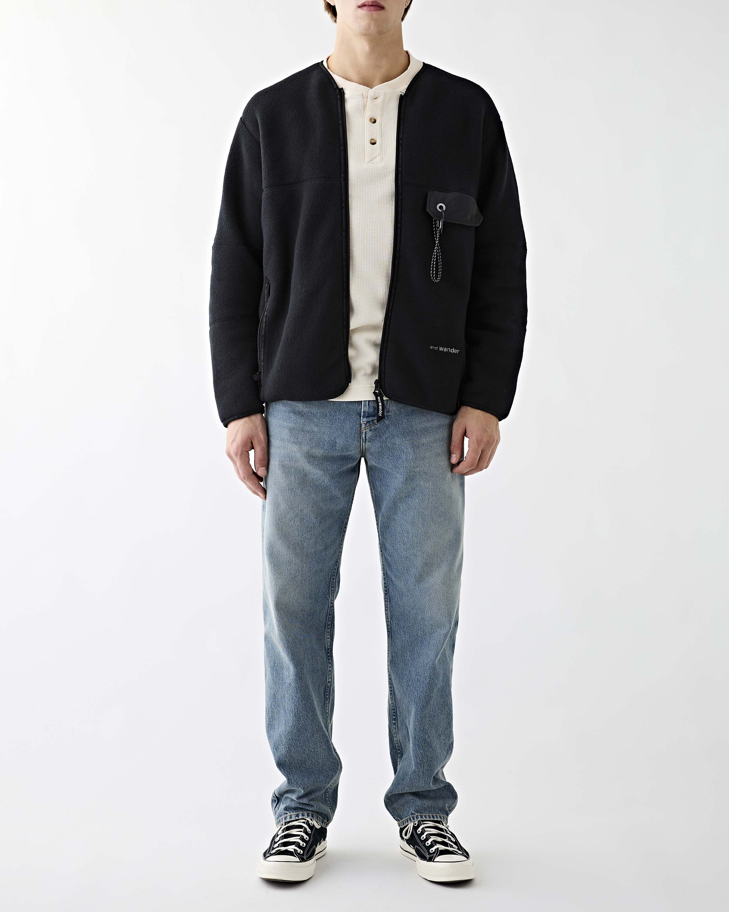 and wander Wool Fleece Cardigan Black JKT Short Men