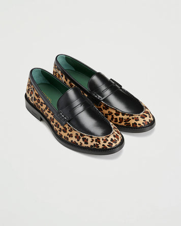 VINNY's Townee Penny Loafer Leopard Pony Hair/Black Crust Shoes Leather Unisex