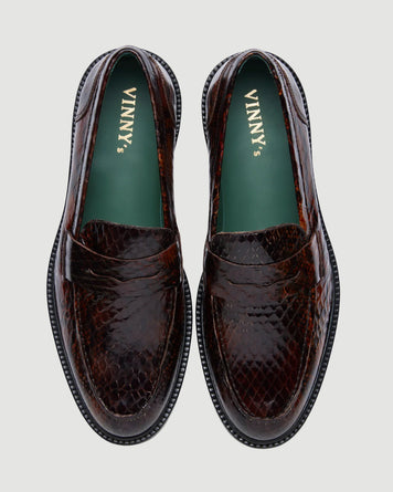 VINNY's Townee Penny Loafer Brown Python Shoes Leather Unisex